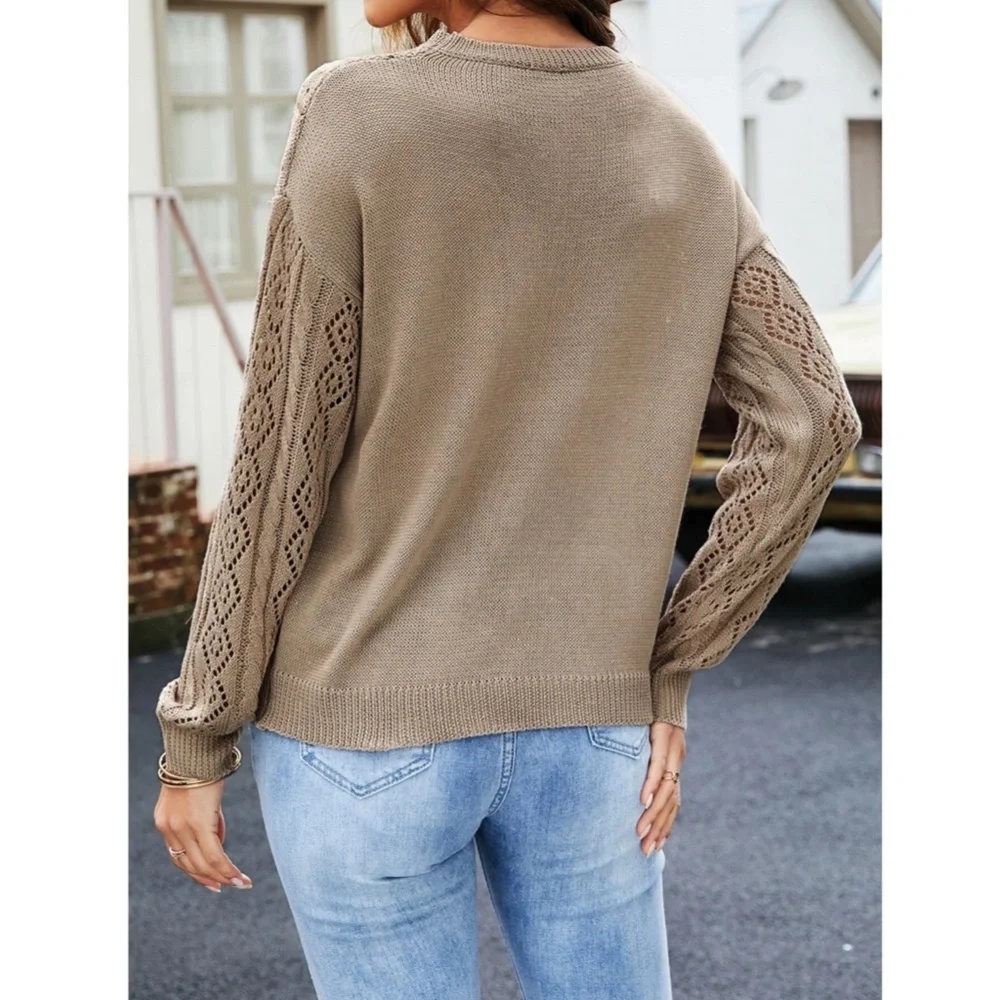 Lace Detail Mocha Knit Long Sleeve Light Sweater Top - Picture 6 of 11